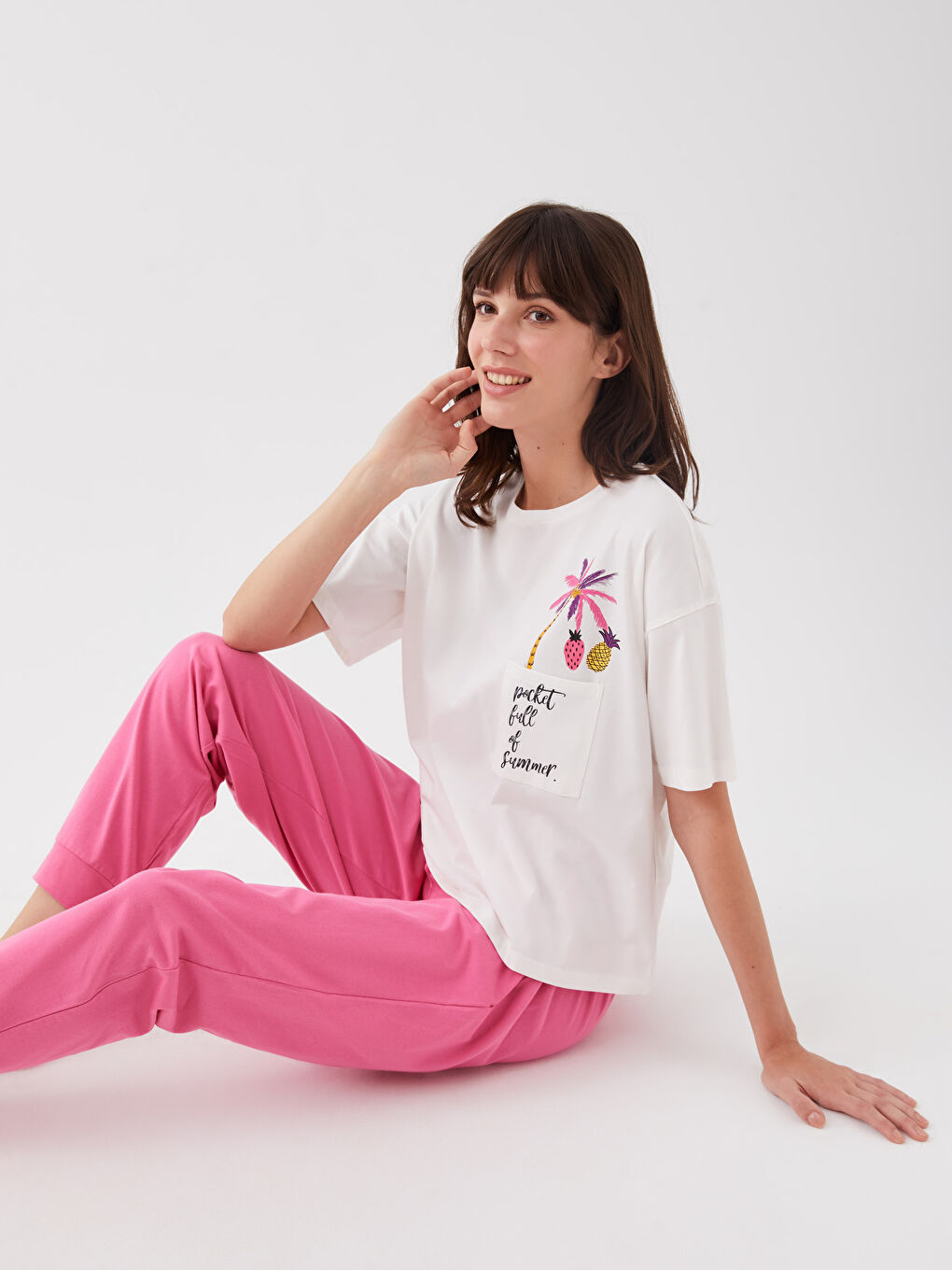 Pembe Bisiklet Yaka Baskılı Kısa Kollu Kadın Pijama Takımı