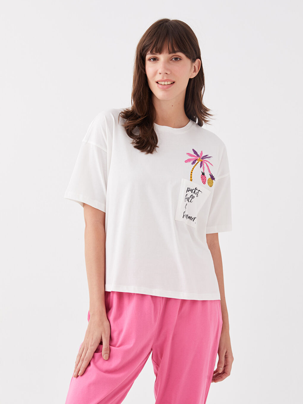 Pembe Bisiklet Yaka Baskılı Kısa Kollu Kadın Pijama Takımı-1