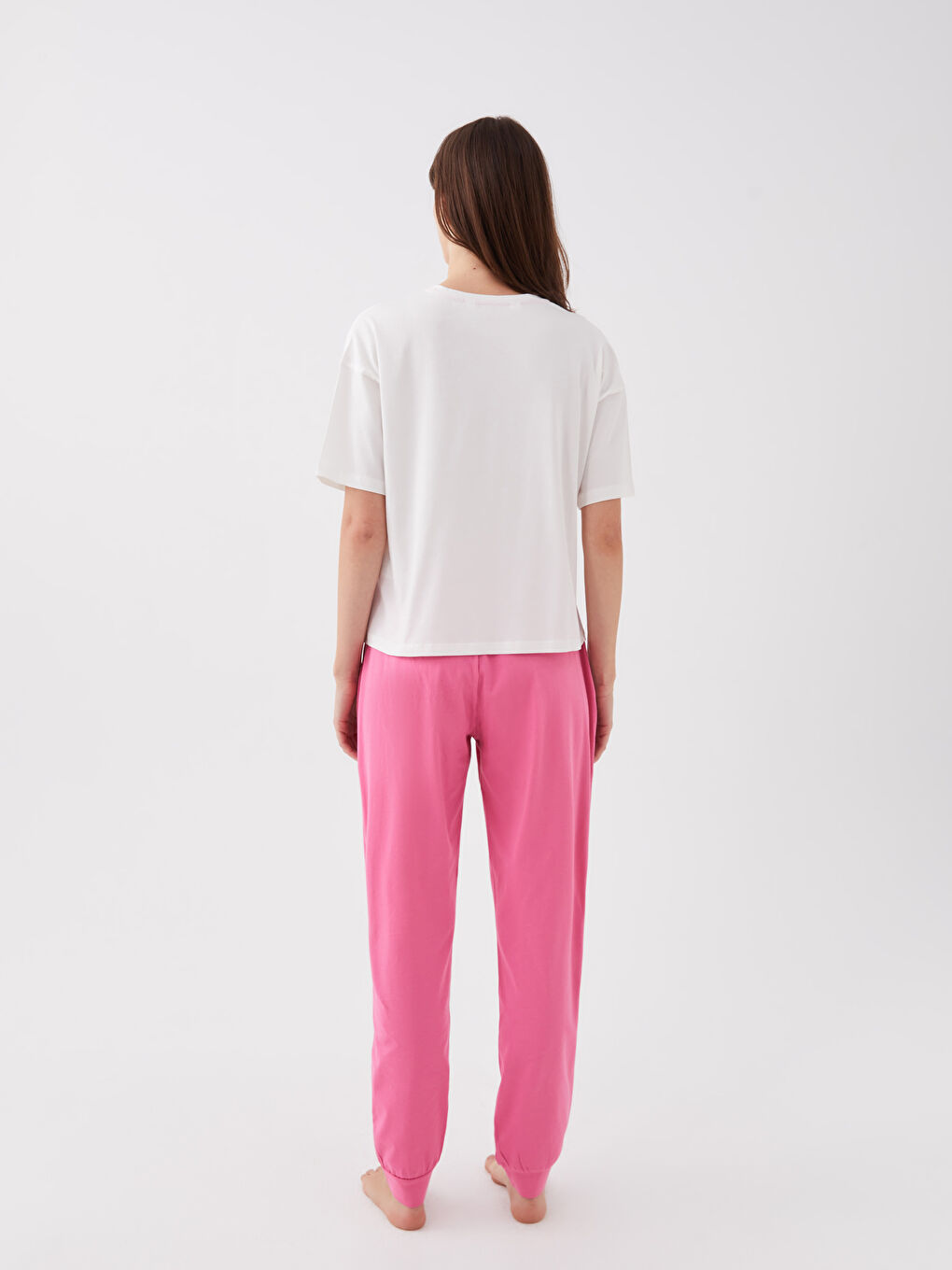 Pembe Bisiklet Yaka Baskılı Kısa Kollu Kadın Pijama Takımı-4