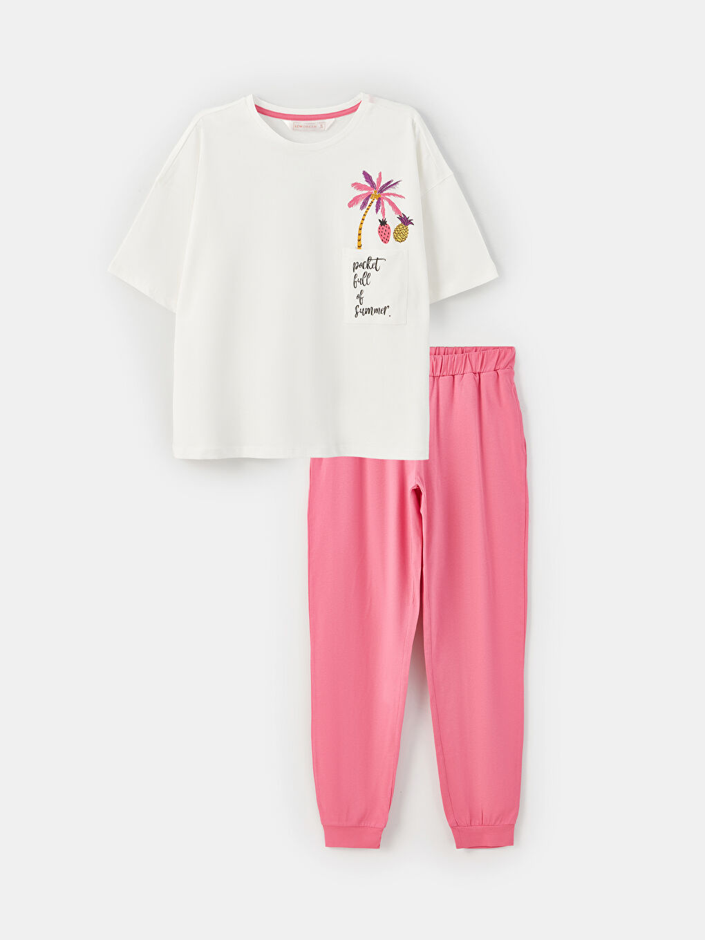 Pembe Bisiklet Yaka Baskılı Kısa Kollu Kadın Pijama Takımı-5