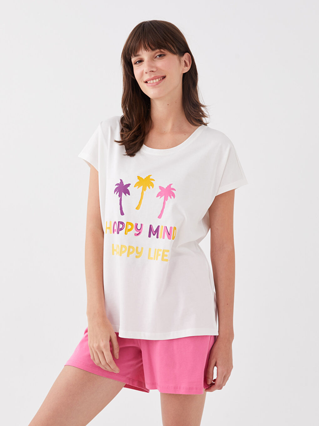 LCW DREAM Bisiklet Yaka Baskılı Kısa Kollu Kadın Şortlu Pijama Takımı