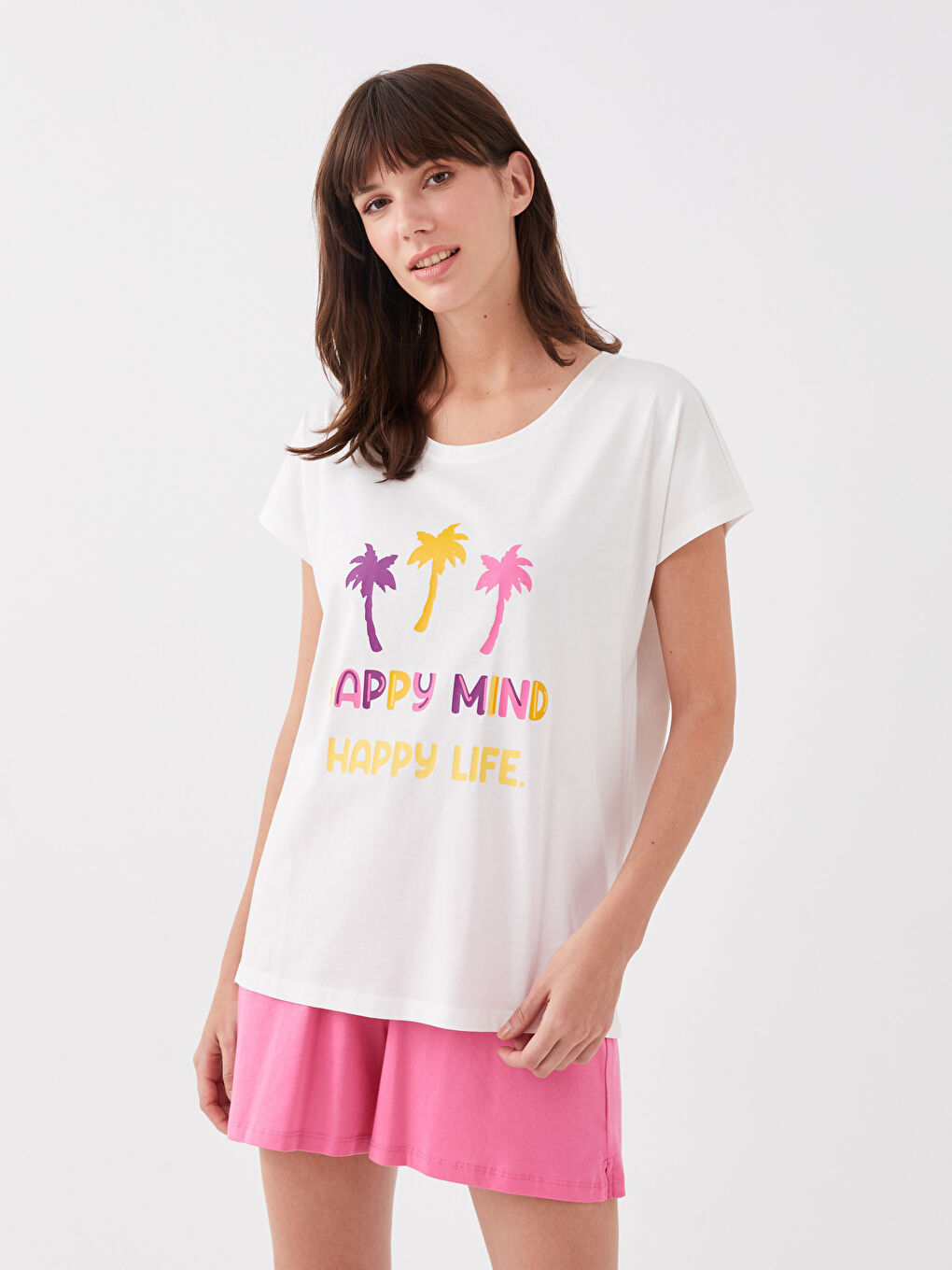 LCW DREAM Bisiklet Yaka Baskılı Kısa Kollu Kadın Şortlu Pijama Takımı-1