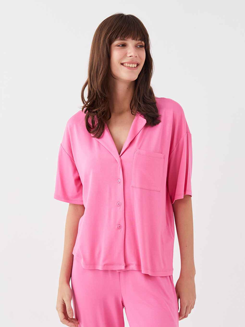 Pembe Gömlek Yaka Baskılı Kısa Kollu Kadın Kaprili Pijama Takımı-1