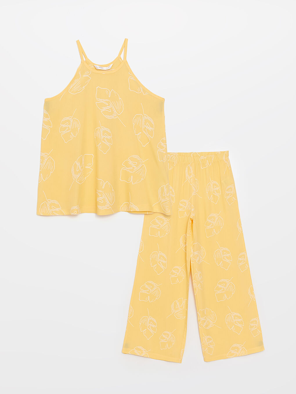 Sarı Halter Yaka Desenli Askılı Kadın Pijama Takımı-4