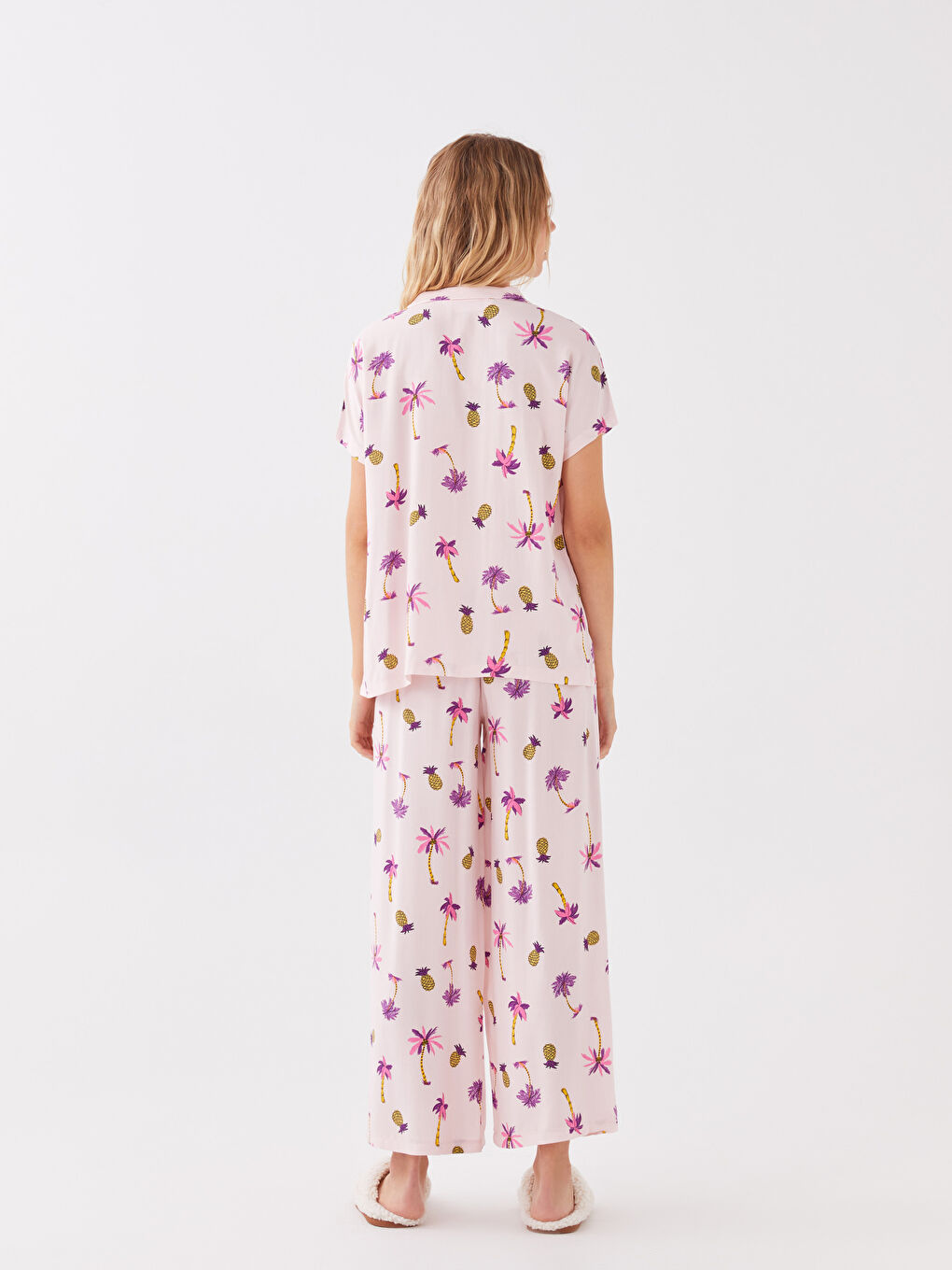 Пижамный комплект с отложным воротником, узорчатый, с коротким рукавом для женщин-3