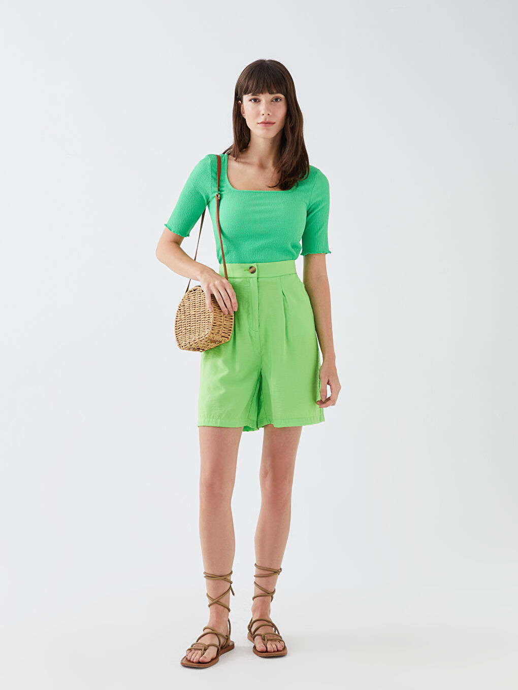 Yeşil Kare Yaka Düz Kısa Kollu Kadın Bluz-2