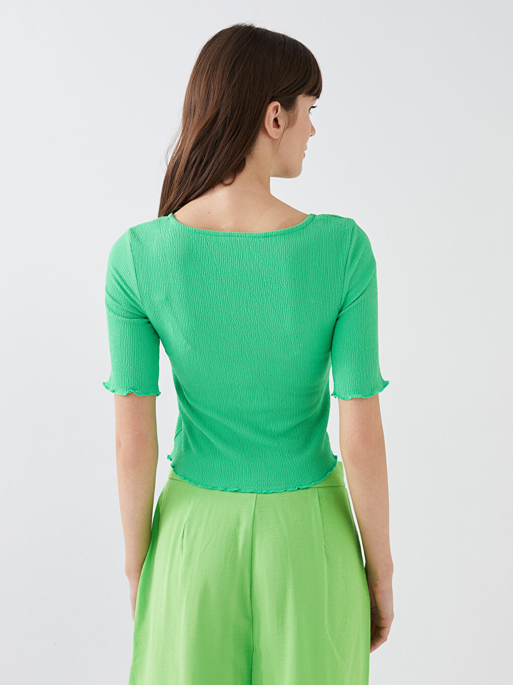 Yeşil Kare Yaka Düz Kısa Kollu Kadın Bluz-4