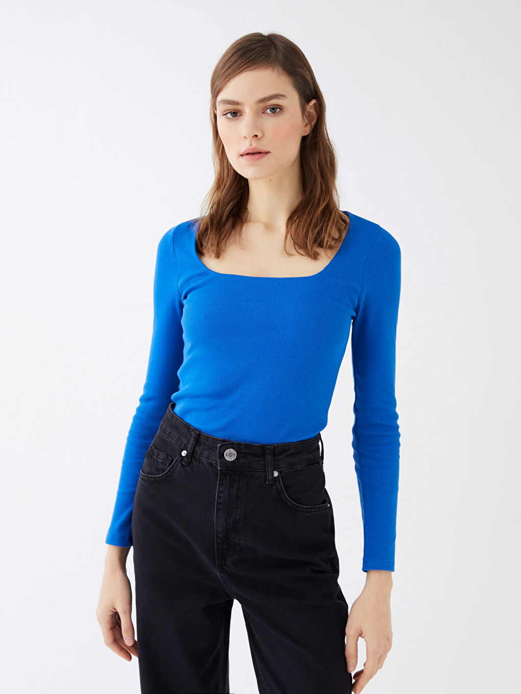 Әйелдерге арналған шаршы жағалы ұзын жең кроп-топ-1