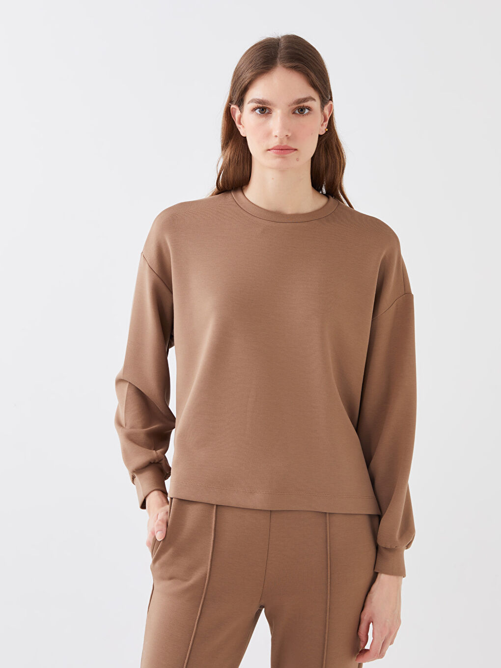 Kahverengi Bisiklet Yaka Oversize Kadın Sweatshirt