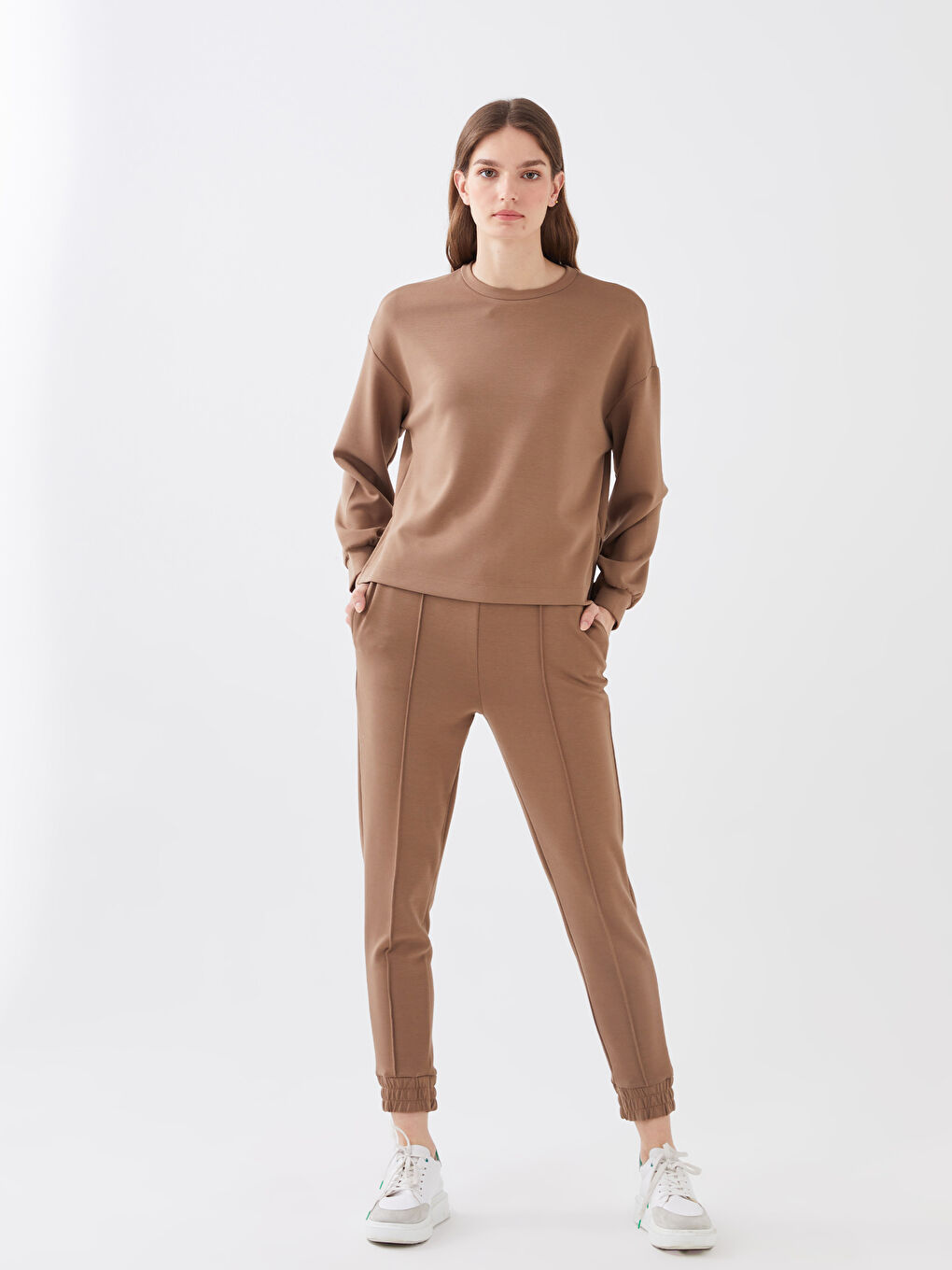 Kahverengi Bisiklet Yaka Oversize Kadın Sweatshirt-2