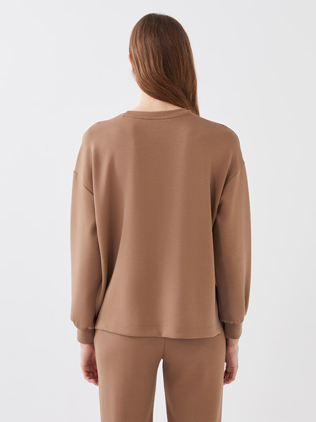 Kahverengi Bisiklet Yaka Oversize Kadın Sweatshirt-4