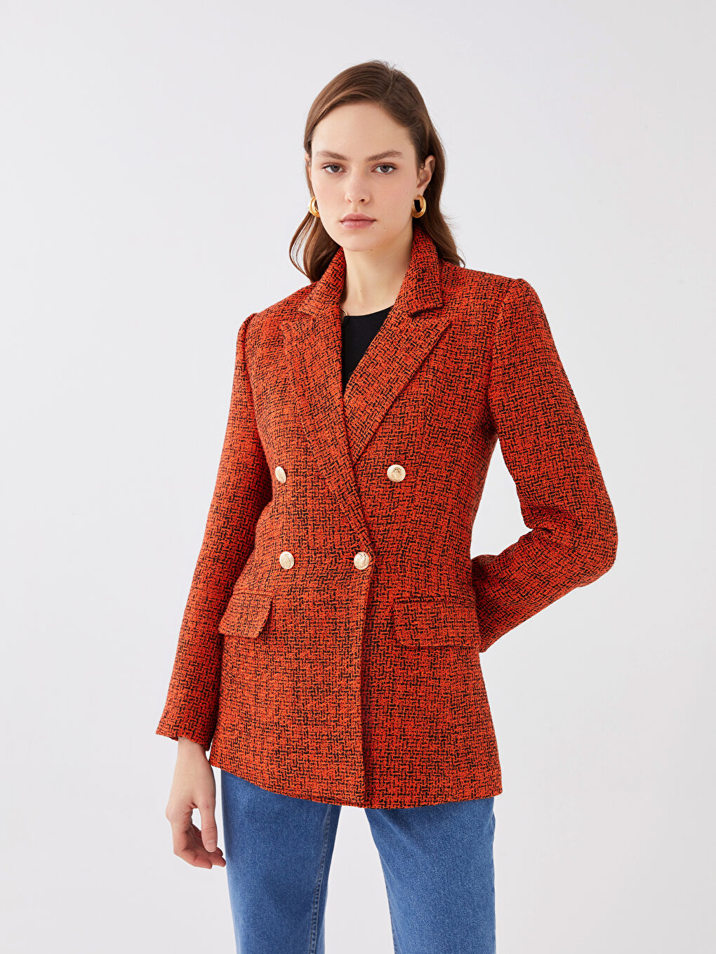әйелдерге арналған твид ұзын жең өрнекті блейзер пиджак-1