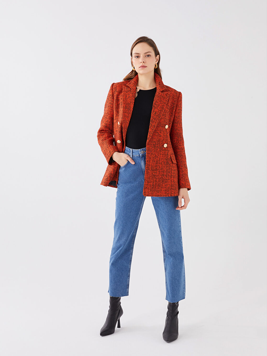 әйелдерге арналған твид ұзын жең өрнекті блейзер пиджак-2