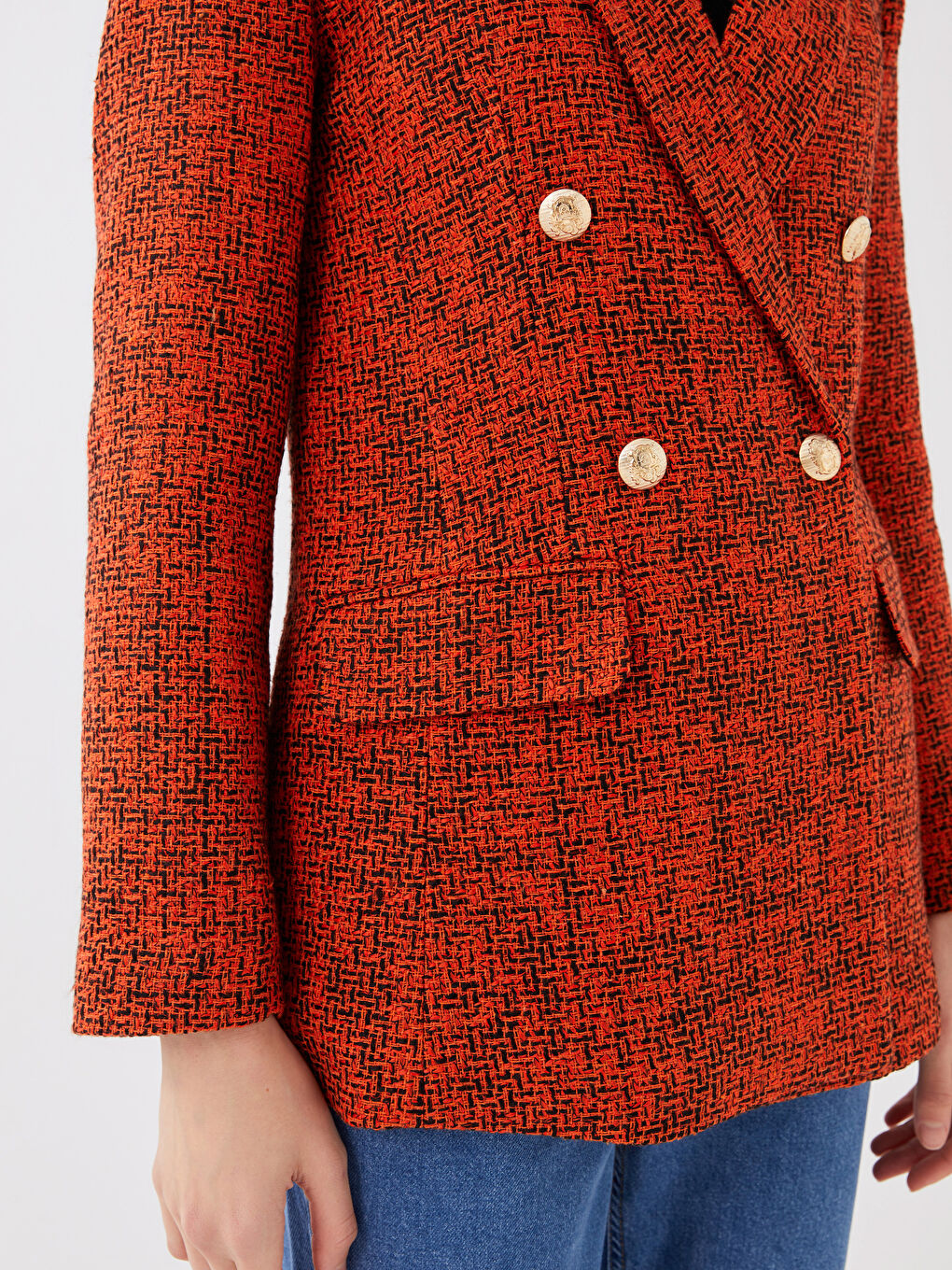 әйелдерге арналған твид ұзын жең өрнекті блейзер пиджак-3