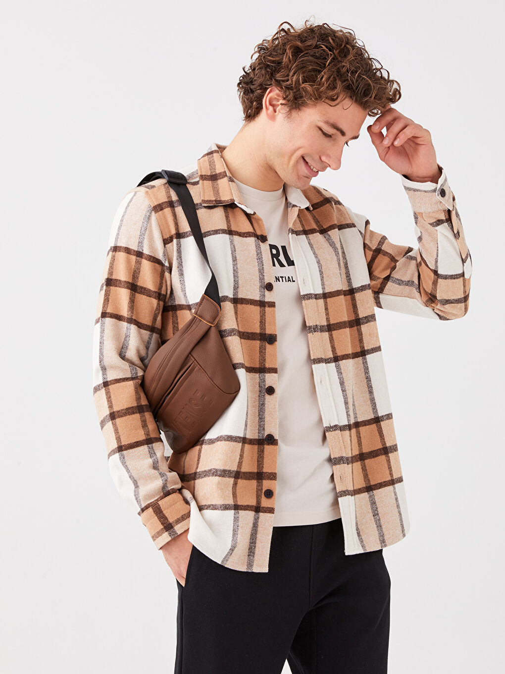 Bej Regular Fit Uzun Kollu Ekose Erkek Oduncu Gömlek