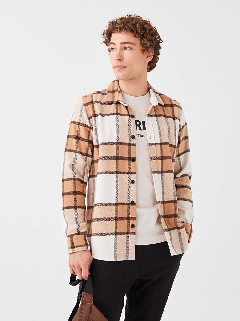 Bej Regular Fit Uzun Kollu Ekose Erkek Oduncu Gömlek-1