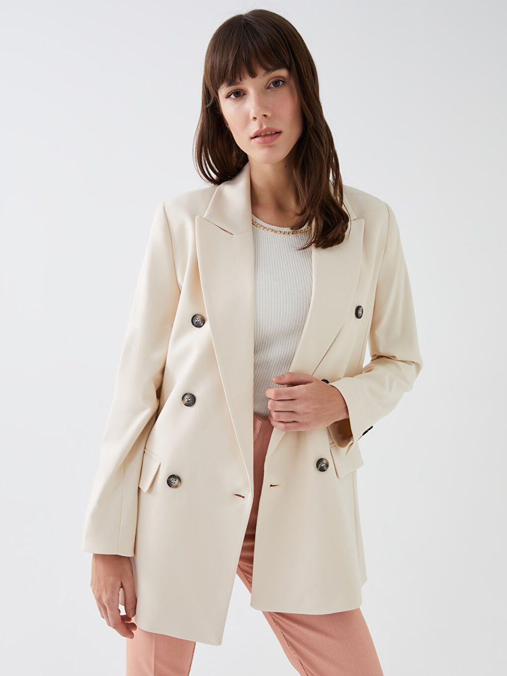 LCW Vision Jacket Neck Plain Long Sleeve Women's Blazer Jacket -S3DH29Z8-FF7
