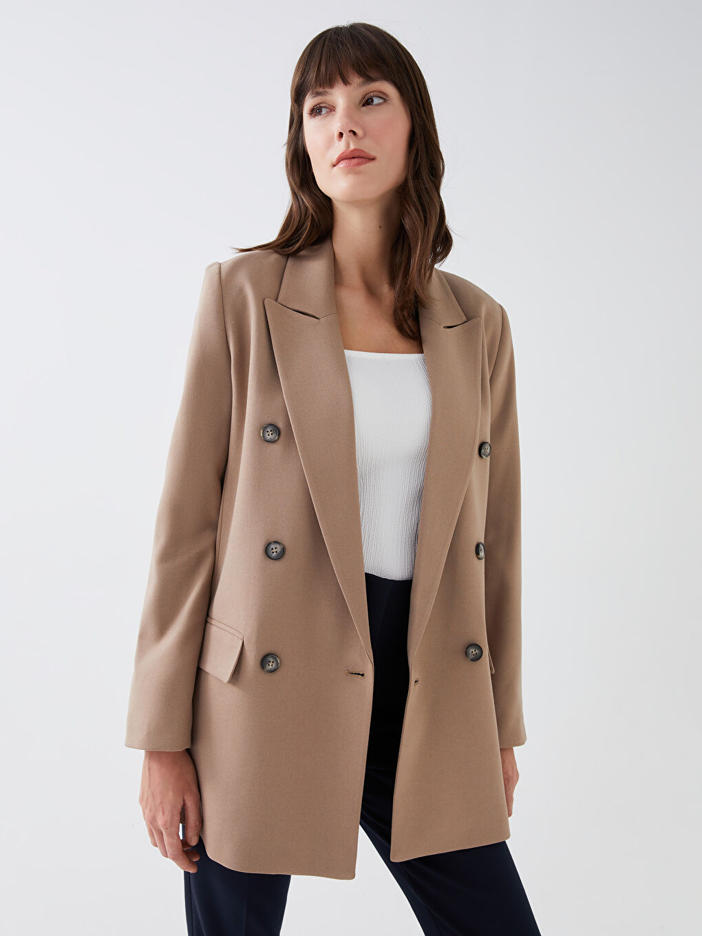 Kahverengi Ceket Yaka Düz Uzun Kollu Kadın Blazer Ceket