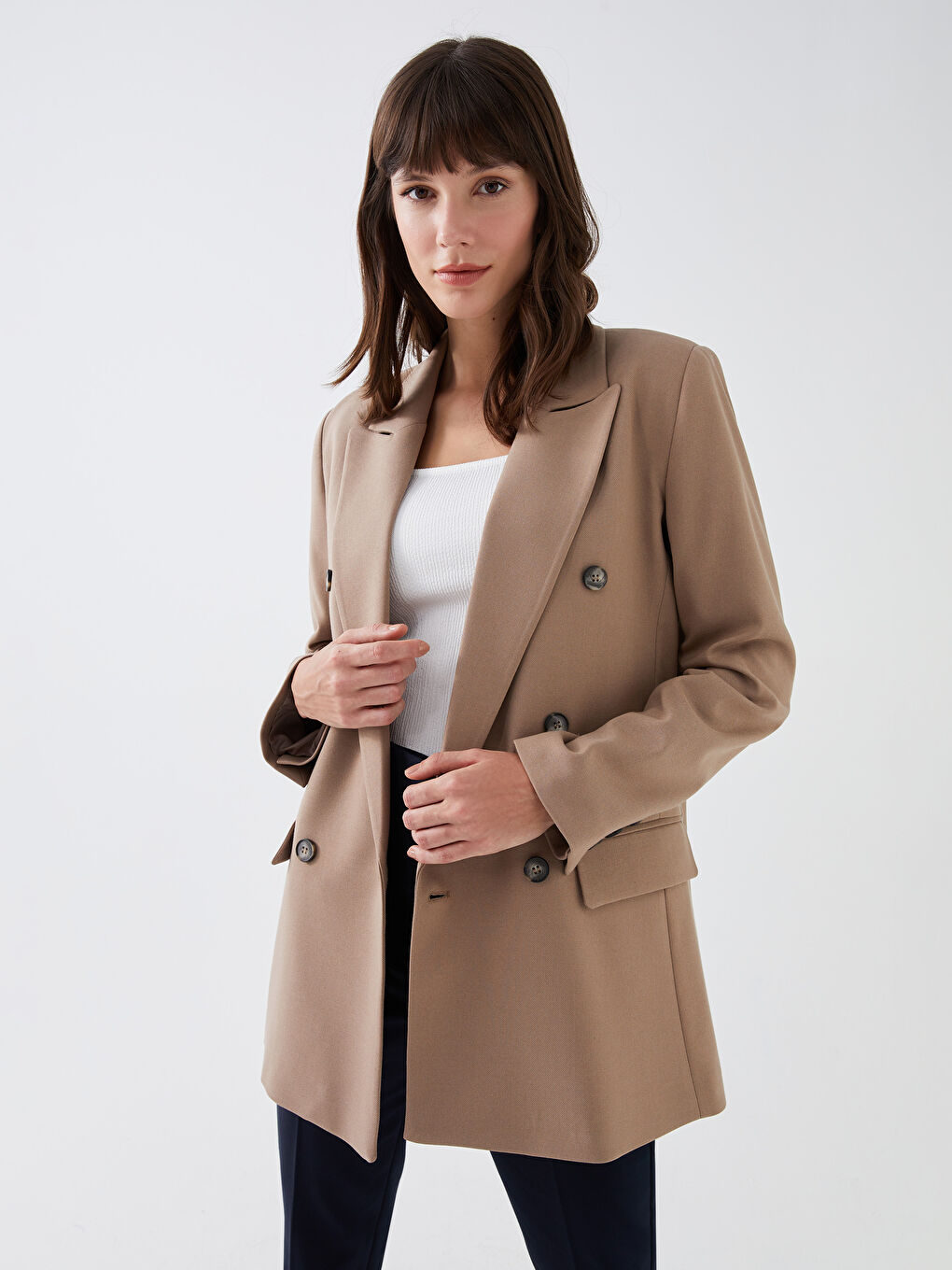 Kahverengi Ceket Yaka Düz Uzun Kollu Kadın Blazer Ceket-1