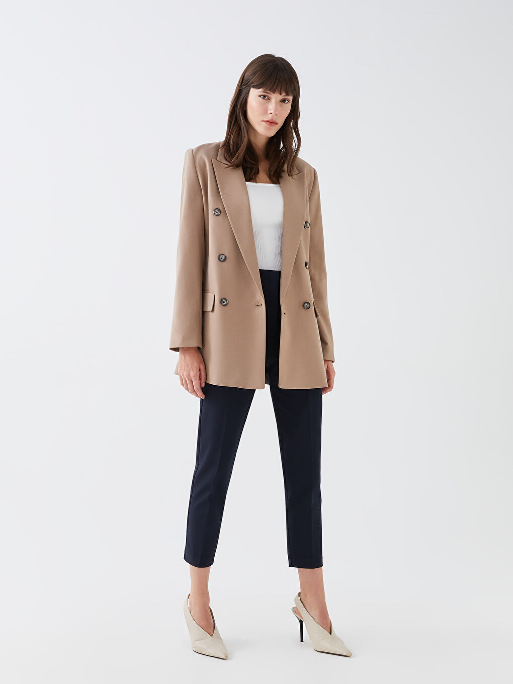 Kahverengi Ceket Yaka Düz Uzun Kollu Kadın Blazer Ceket-2