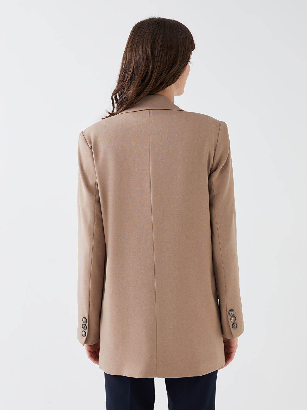 Kahverengi Ceket Yaka Düz Uzun Kollu Kadın Blazer Ceket-4