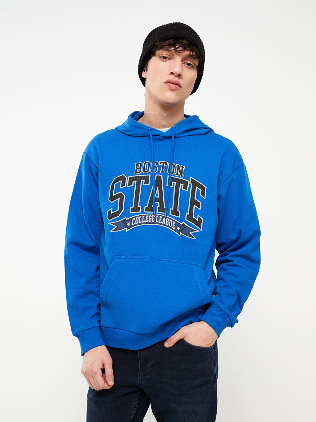 Mavi Uzun Kollu Baskılı Erkek Hoodie-3