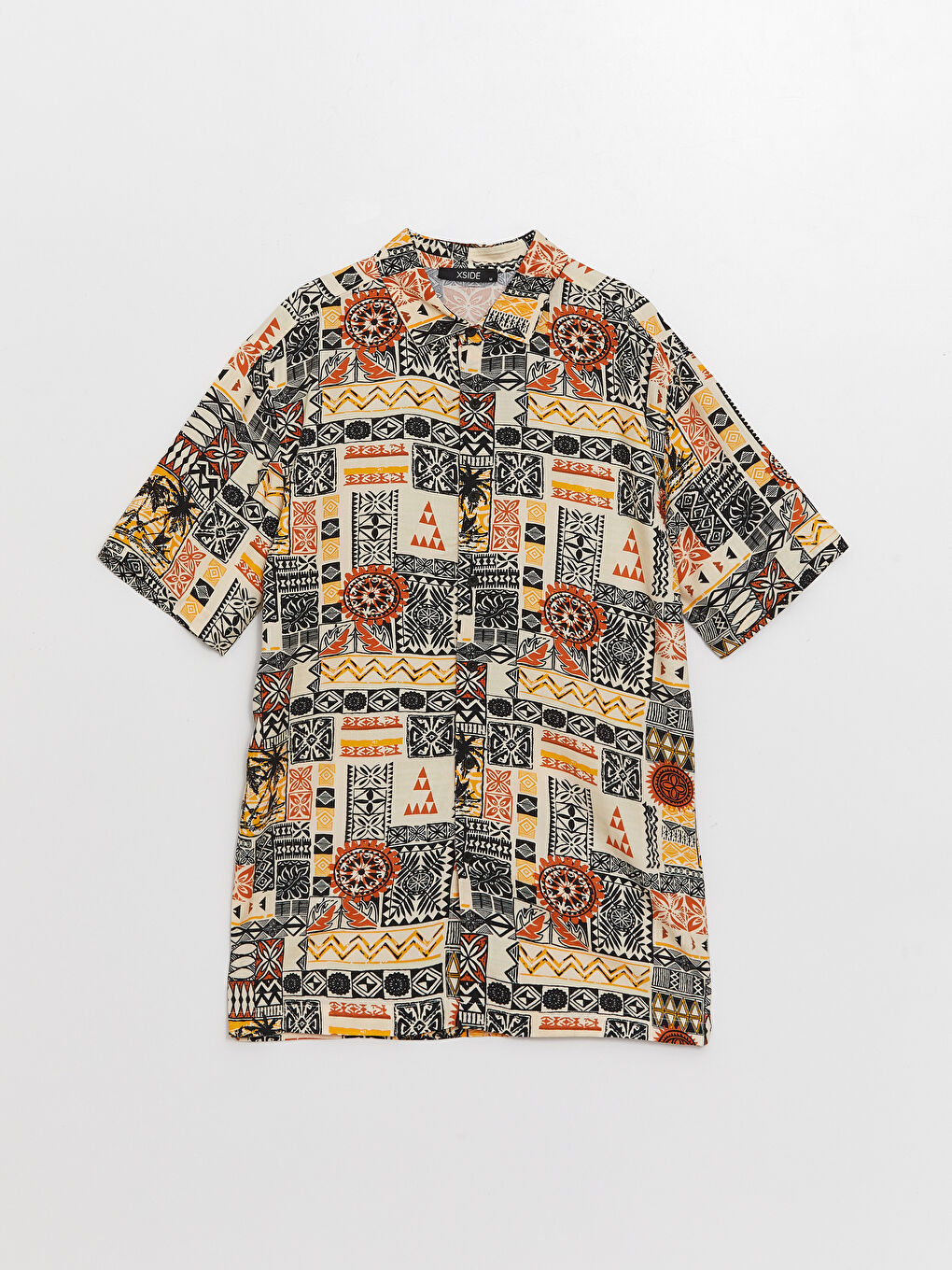 Bej Regular Fit Kısa Kollu Desenli Viskon Erkek Gömlek-5