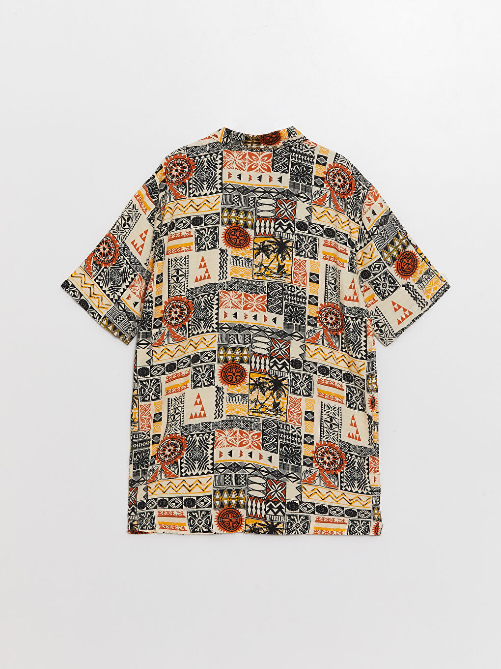 Bej Regular Fit Kısa Kollu Desenli Viskon Erkek Gömlek-6