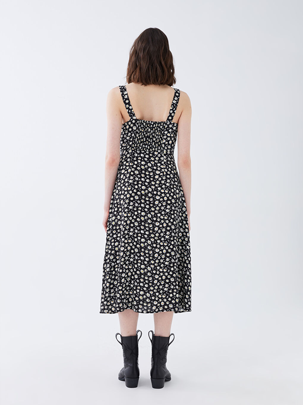 Siyah Kare Yaka Çiçekli Askılı Kadın Elbise-4