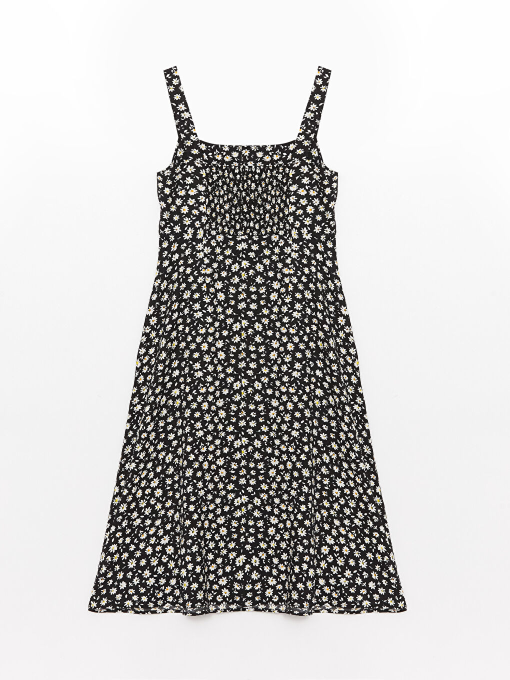 Siyah Kare Yaka Çiçekli Askılı Kadın Elbise-6