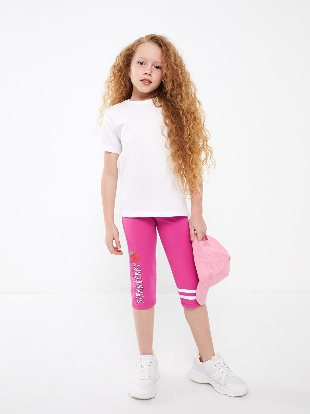 Fuşya Beli Lastikli Baskılı Kız Çocuk 3/4 Boy Tayt-1