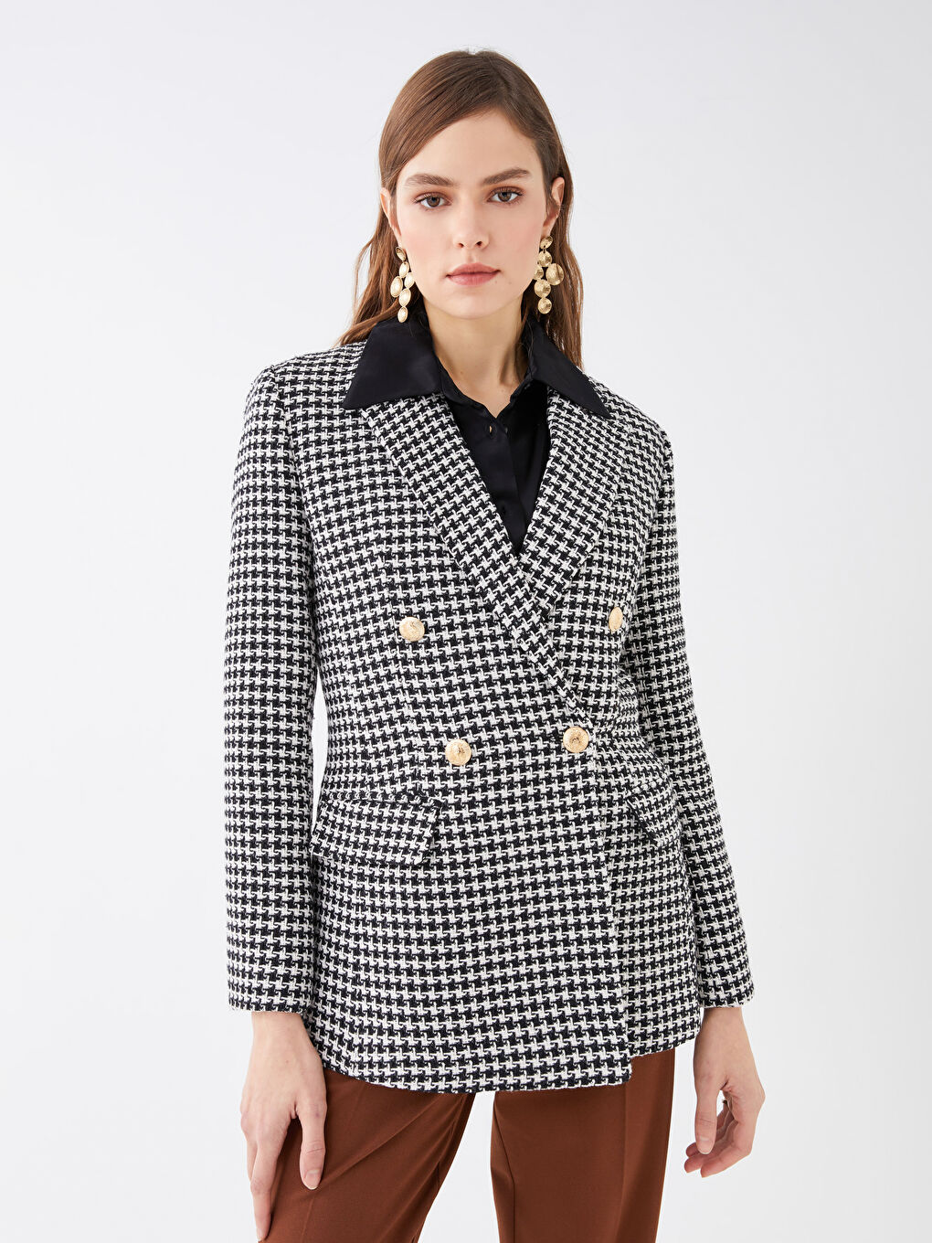 әйелдерге арналған ұзын жеңді қаз табаны өрнекті пиджак