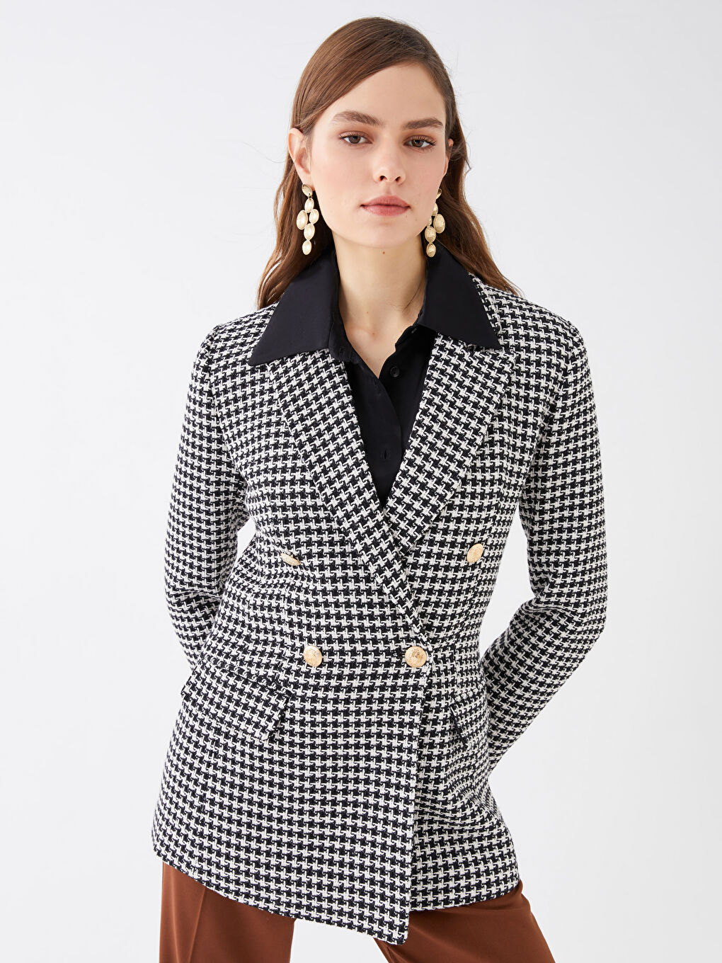 әйелдерге арналған ұзын жеңді қаз табаны өрнекті пиджак-1