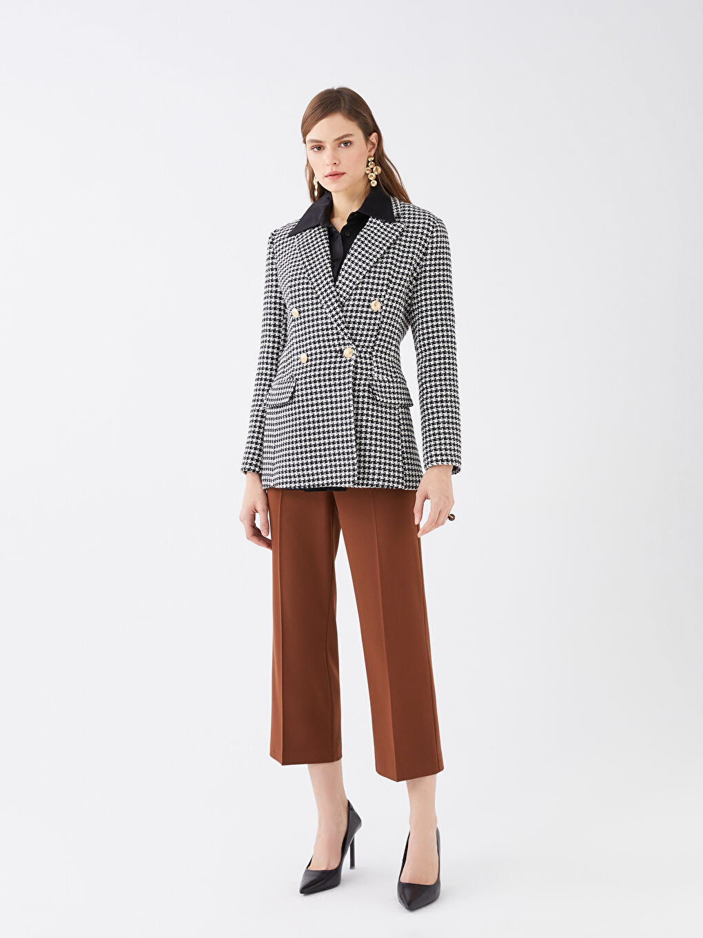 әйелдерге арналған ұзын жеңді қаз табаны өрнекті пиджак-2