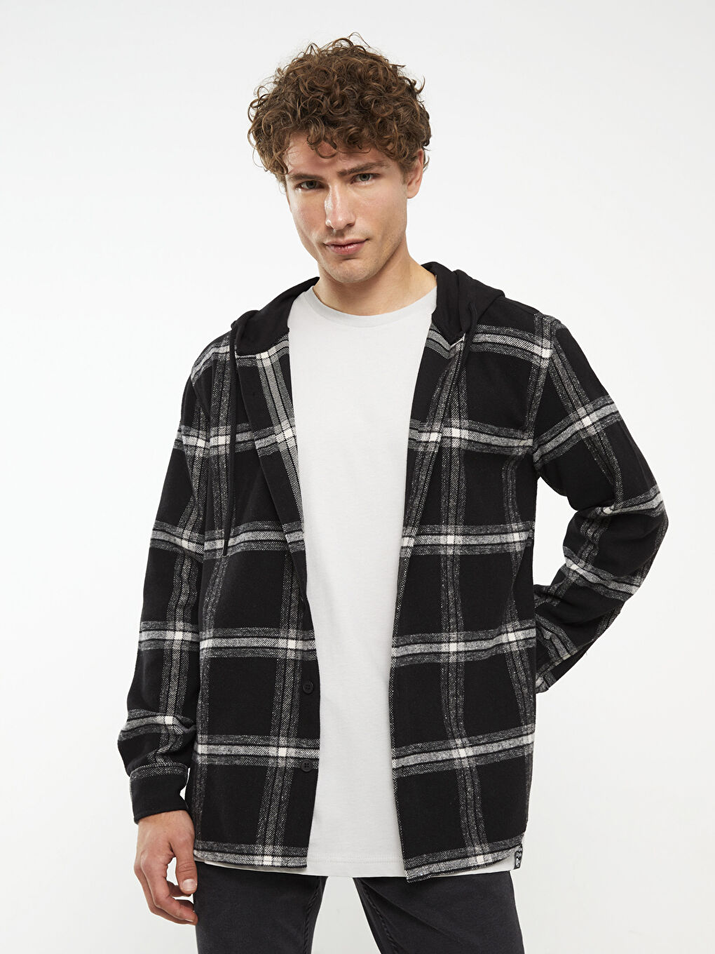 XSIDE Siyah Regular Fit Kapüşonlu Uzun Kollu Ekose Erkek Gömlek - 1