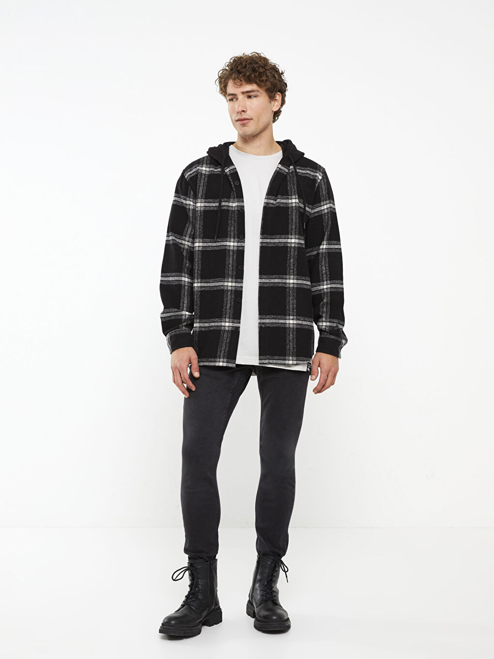 XSIDE Siyah Regular Fit Kapüşonlu Uzun Kollu Ekose Erkek Gömlek - 2