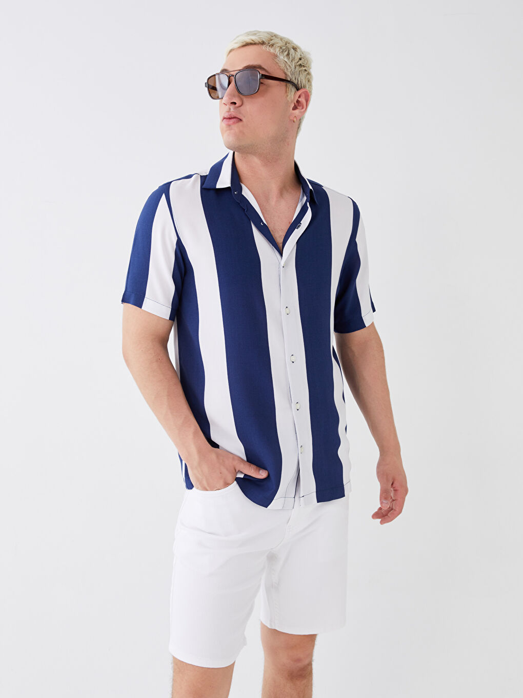 XSIDE Regular Fit Short Sleeve Striped Viscose Men's Shirt -S3DH55Z8-RMP