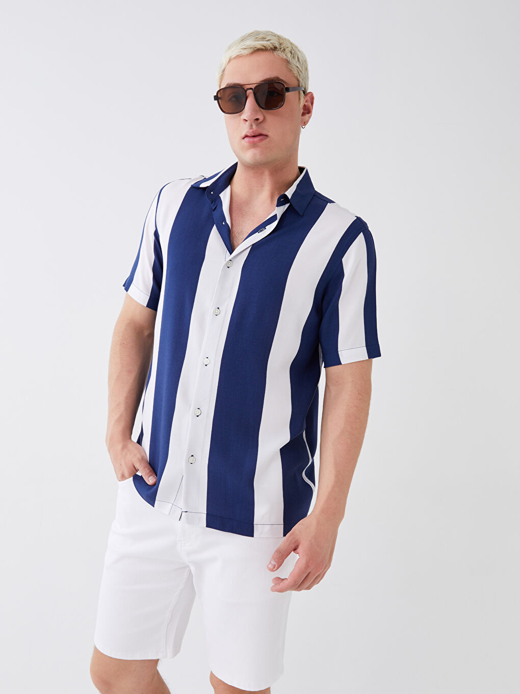 XSIDE Regular Fit Short Sleeve Striped Viscose Men's Shirt -S3DH55Z8-RMP
