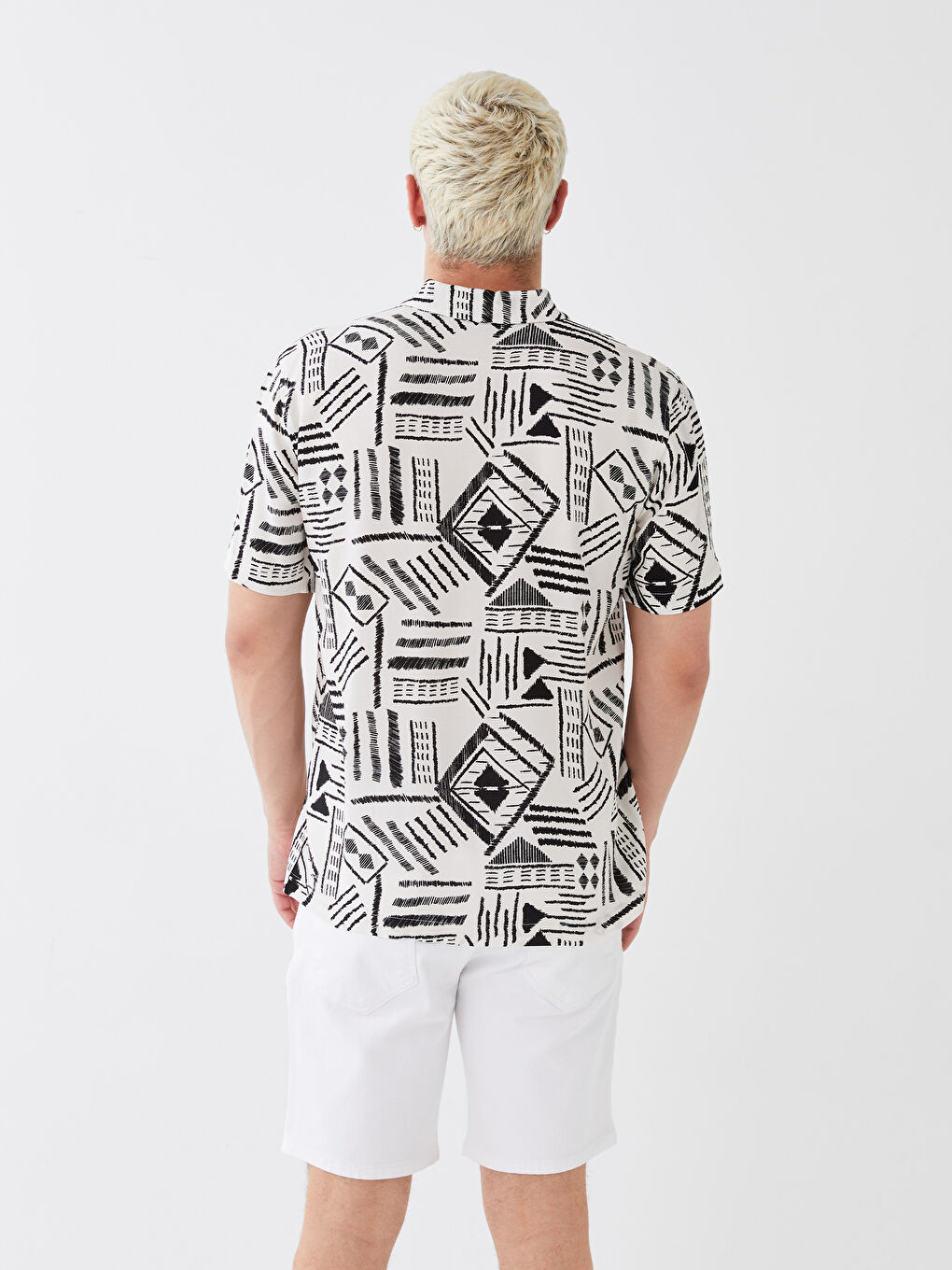 Bej Regular Fit Kısa Kollu Desenli Viskon Erkek Gömlek-4