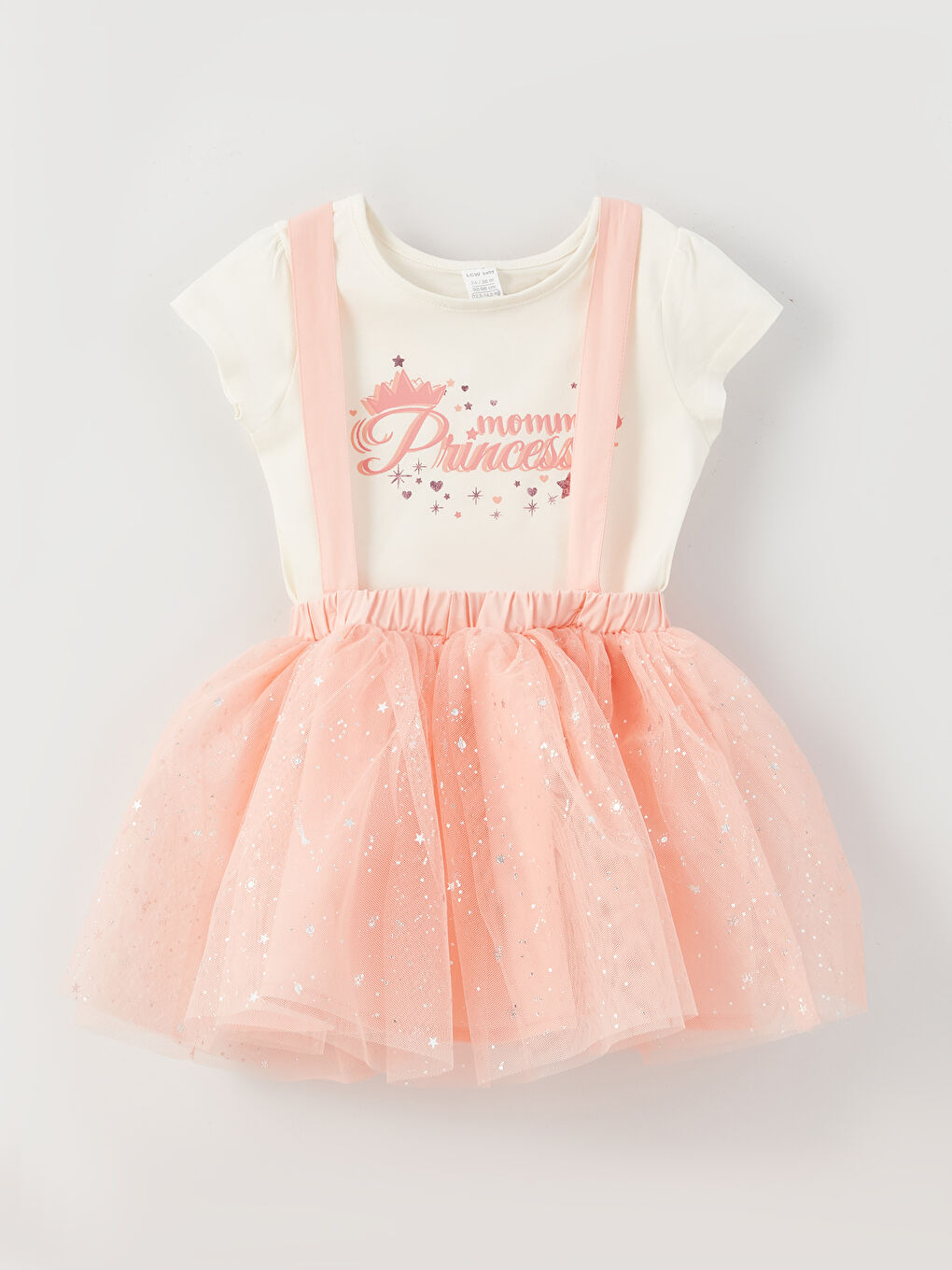 Ekru Bisiklet Yaka Kısa Kollu Baskılı Kız Bebek Tişört ve Salopet Etek 2'li Takım