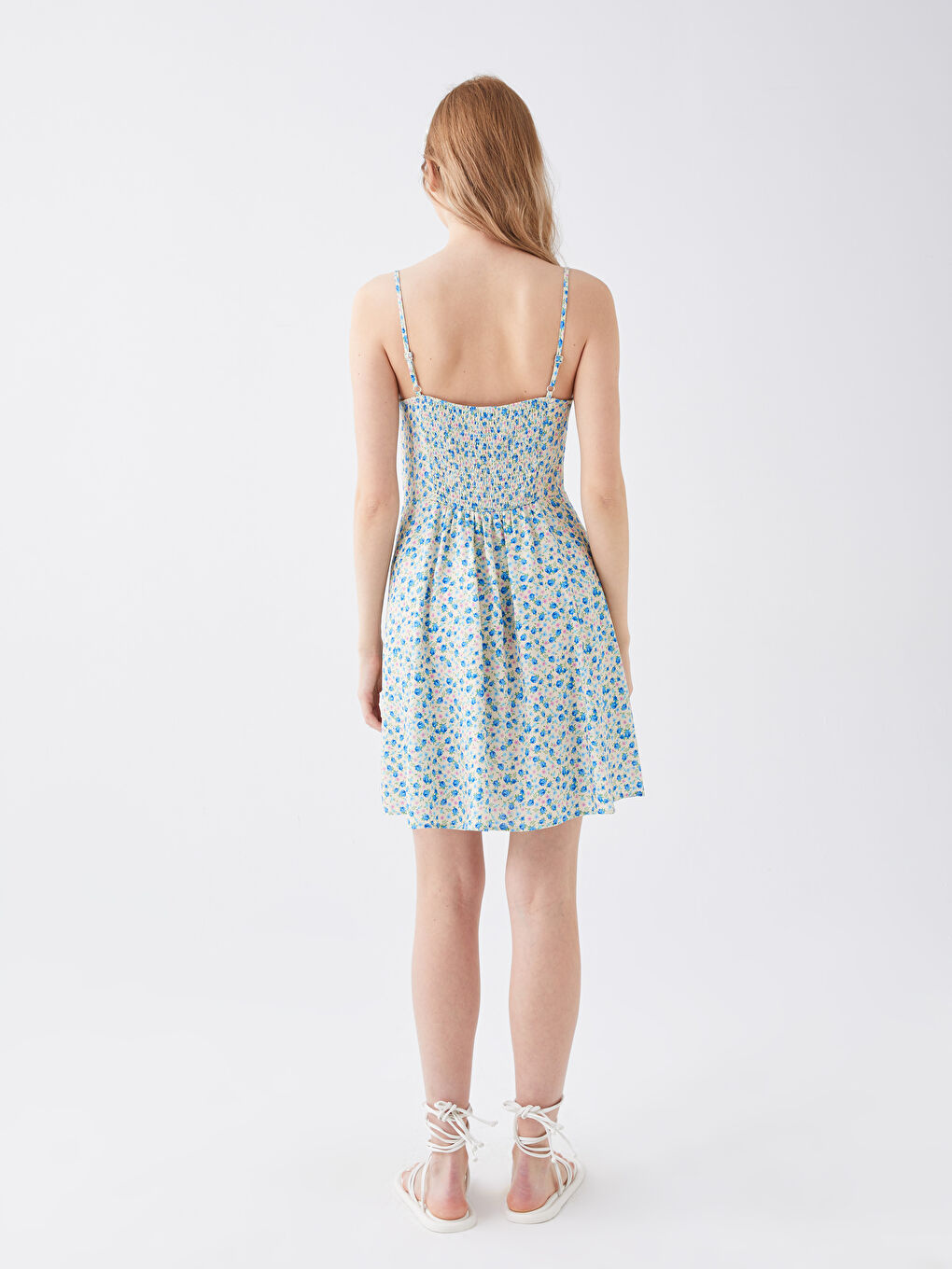 Yeşil Kalp Yaka Çiçekli Askılı Kadın Elbise-4