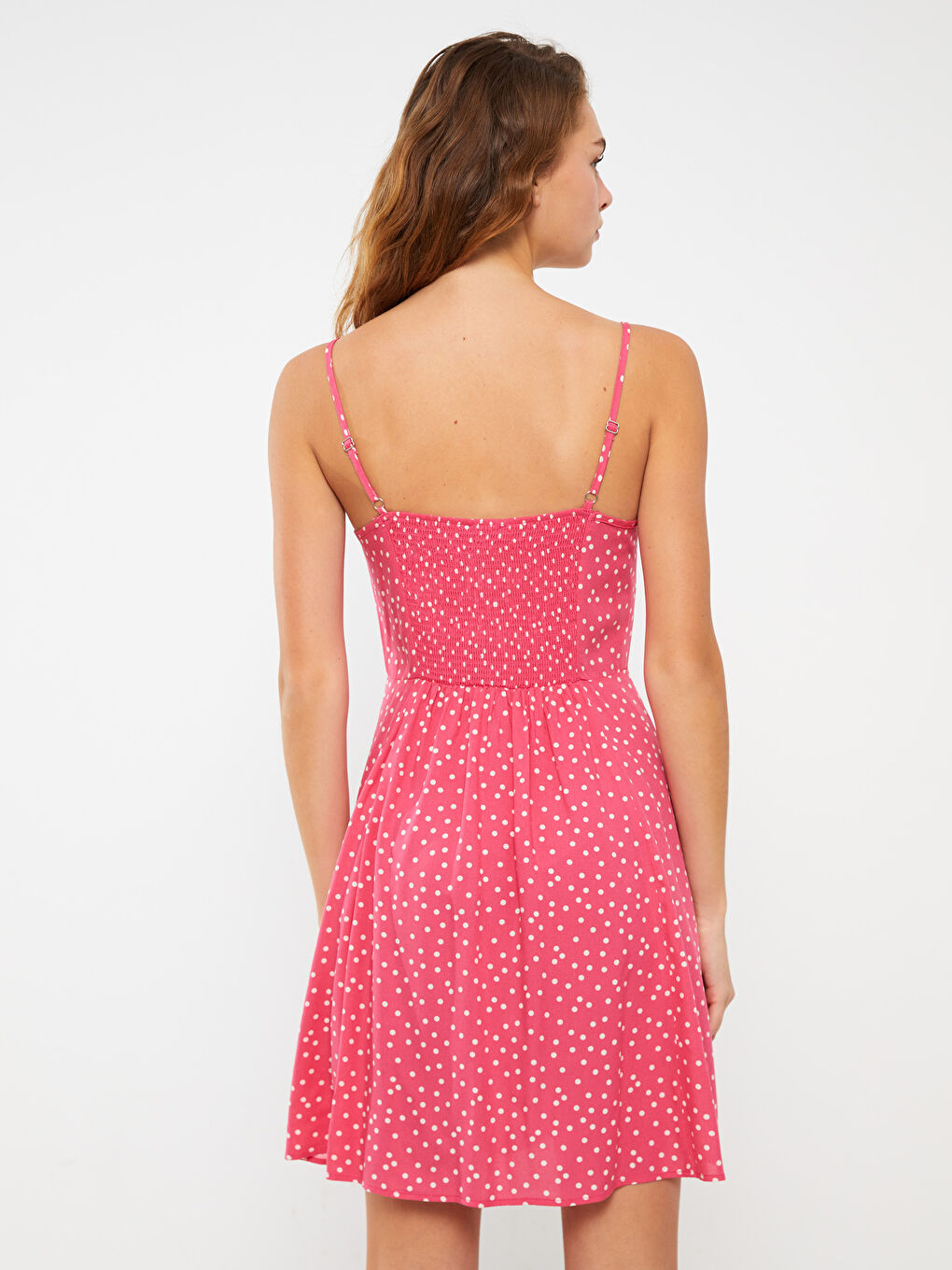 Pembe Kalp Yaka Puantiyeli Askılı Kadın Elbise-4