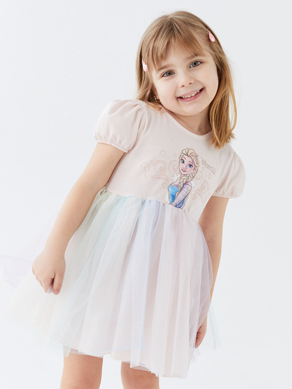 Дөңгелек жағалы қысқа жеңді мұзды принтті қыз бала көйлегі-1