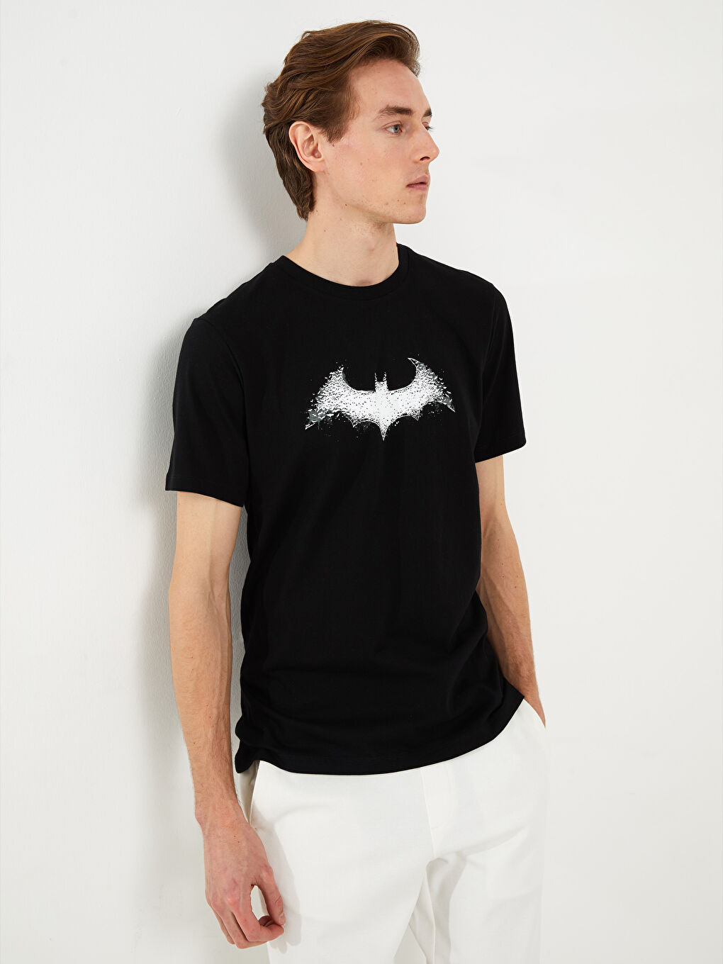 Siyah Bisiklet Yaka Kısa Kollu Batman Baskılı Penye Erkek Tişört