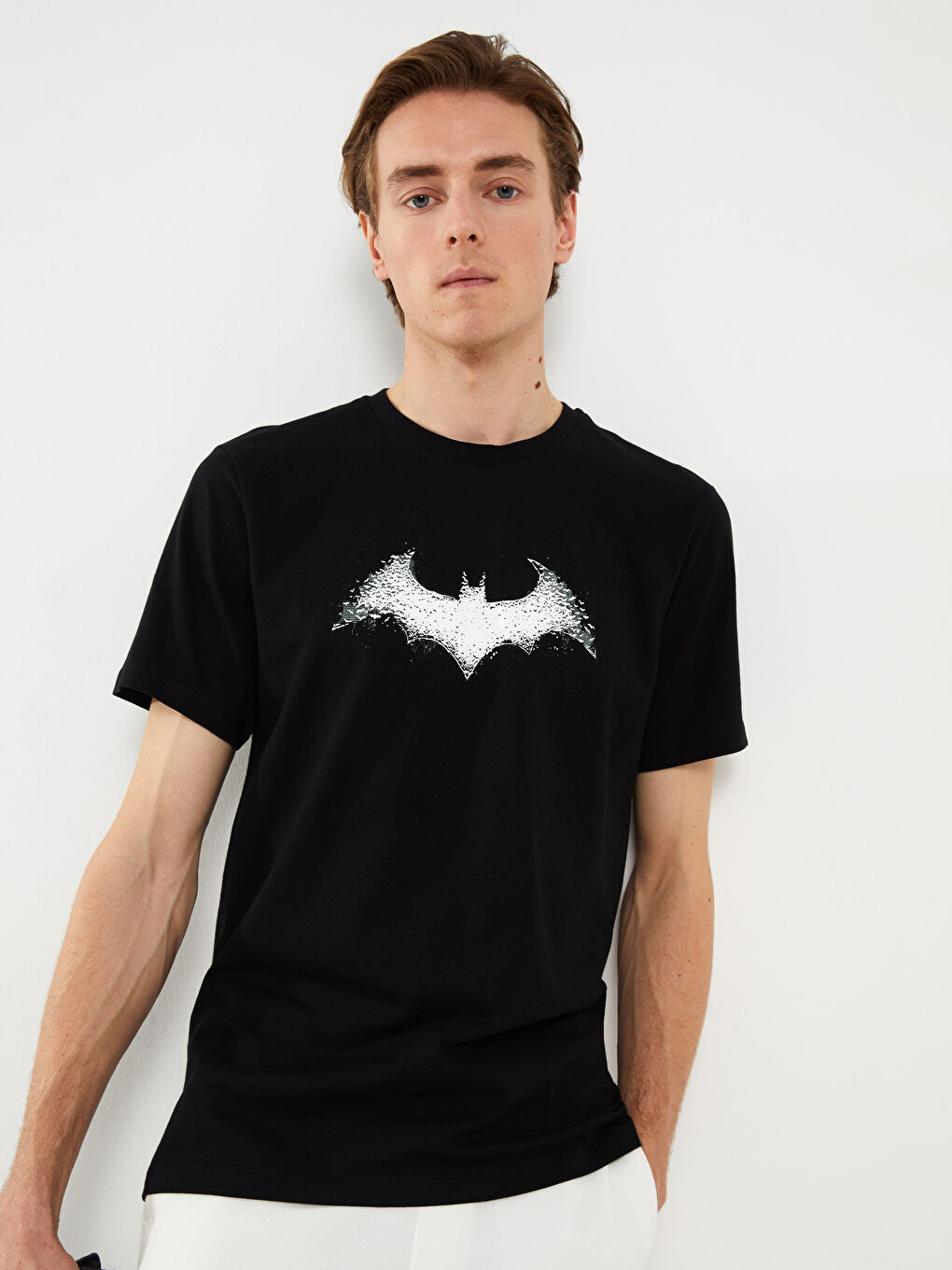 Siyah Bisiklet Yaka Kısa Kollu Batman Baskılı Penye Erkek Tişört-1