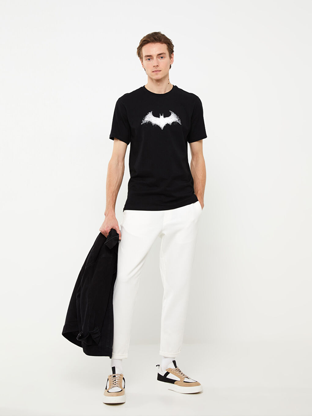 Siyah Bisiklet Yaka Kısa Kollu Batman Baskılı Penye Erkek Tişört-2