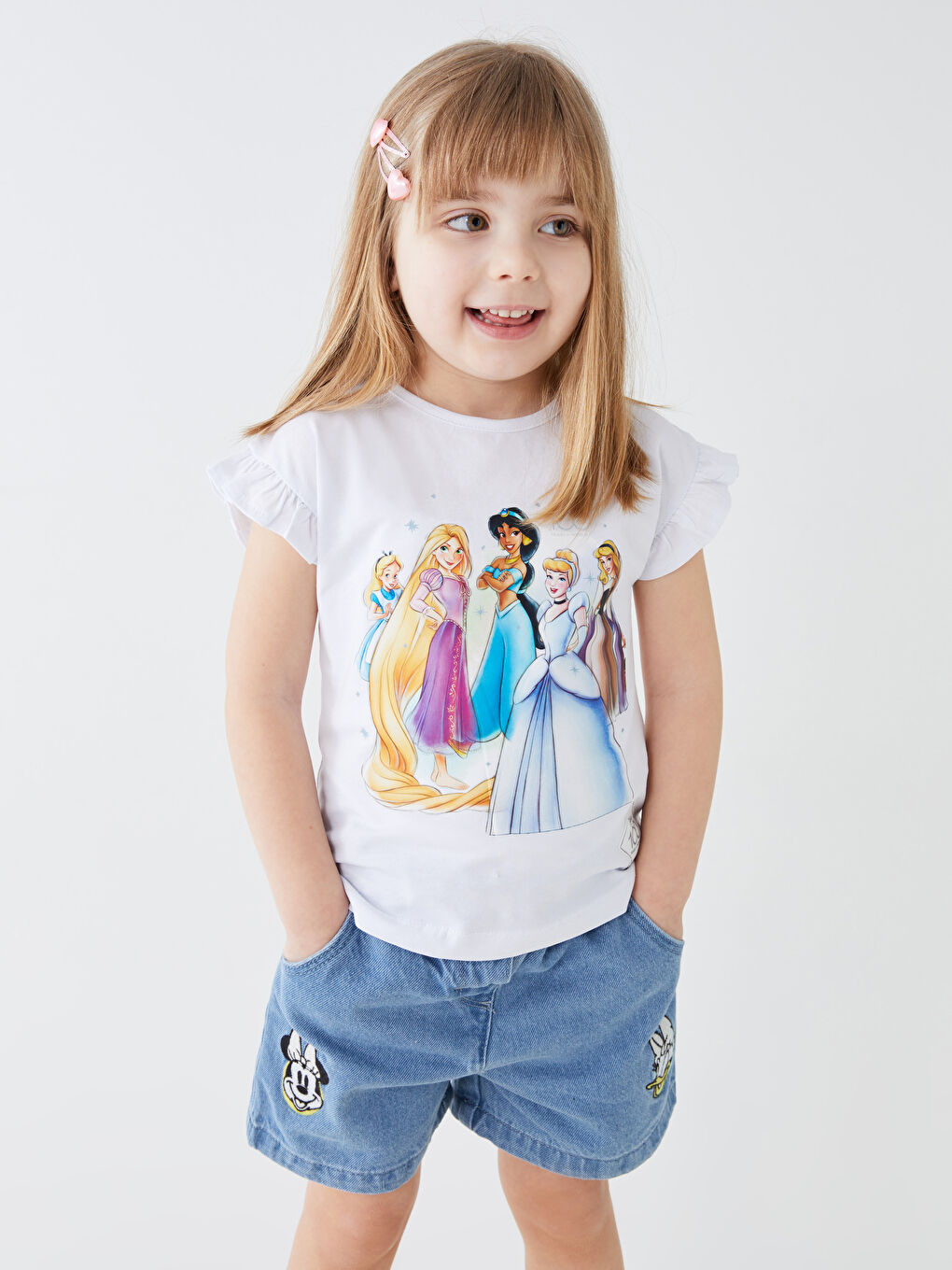 Beyaz Rapunzel Baskılı Bisiklet Yaka Kısa Kollu Kız Bebek Tişört