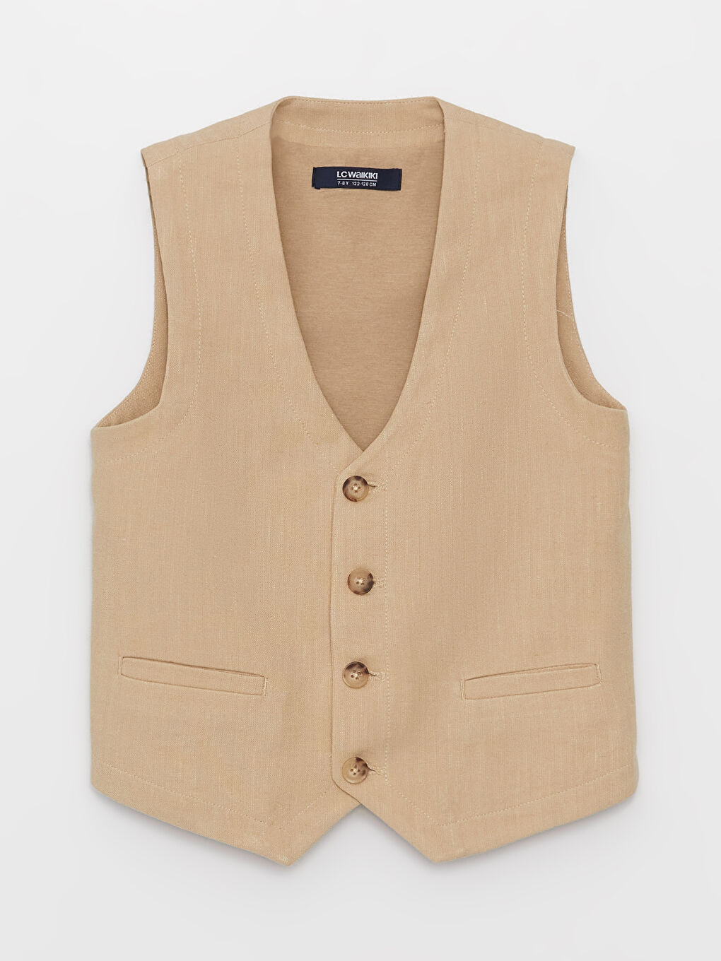 Bej V Yaka Keten Karışımlı Erkek Çocuk Klasik Yelek