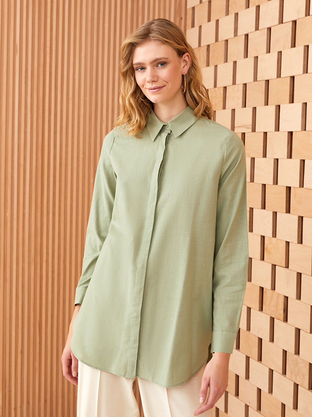 Haki Düz Uzun Kollu Kadın Gömlek Tunik-1