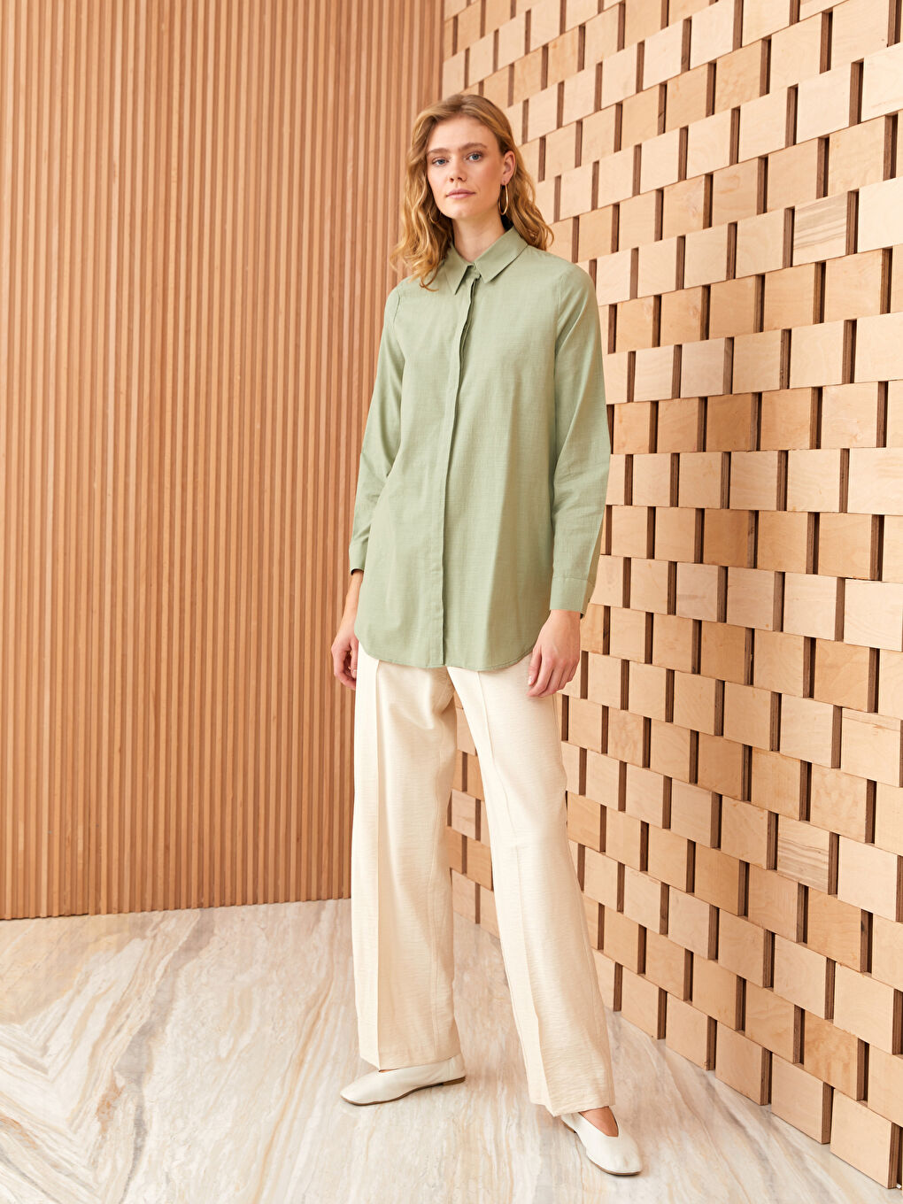 Haki Düz Uzun Kollu Kadın Gömlek Tunik-2